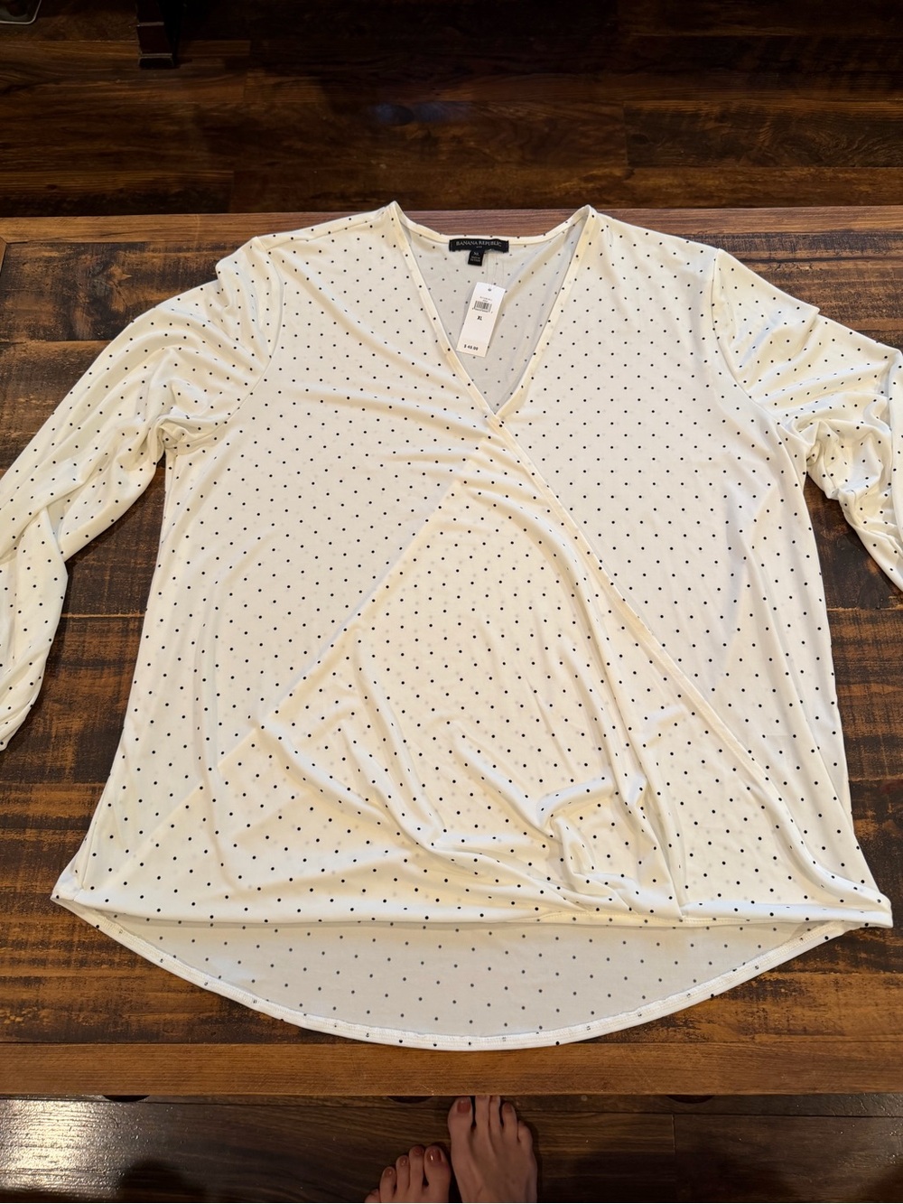 Banana Republic Cream Long-Sleeve V-Neck Wrap Top with Black Dots